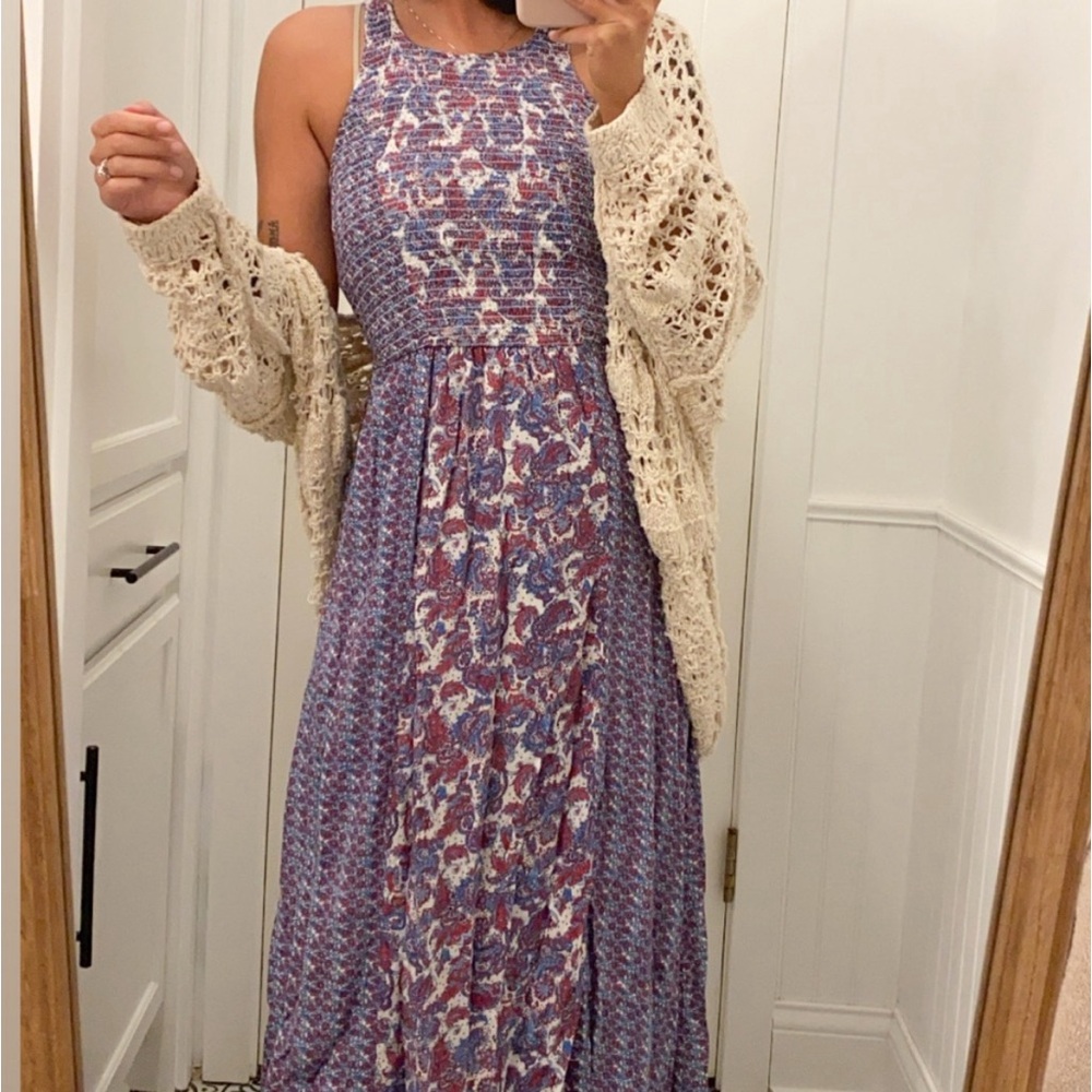Japna Blue and Pink Smocked Sleveless Maxi Dress